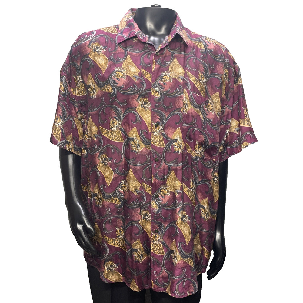 Vtg Protest Mens XL Silk Shirt Short Sleeve Button Up Purple Abstract Art Deco